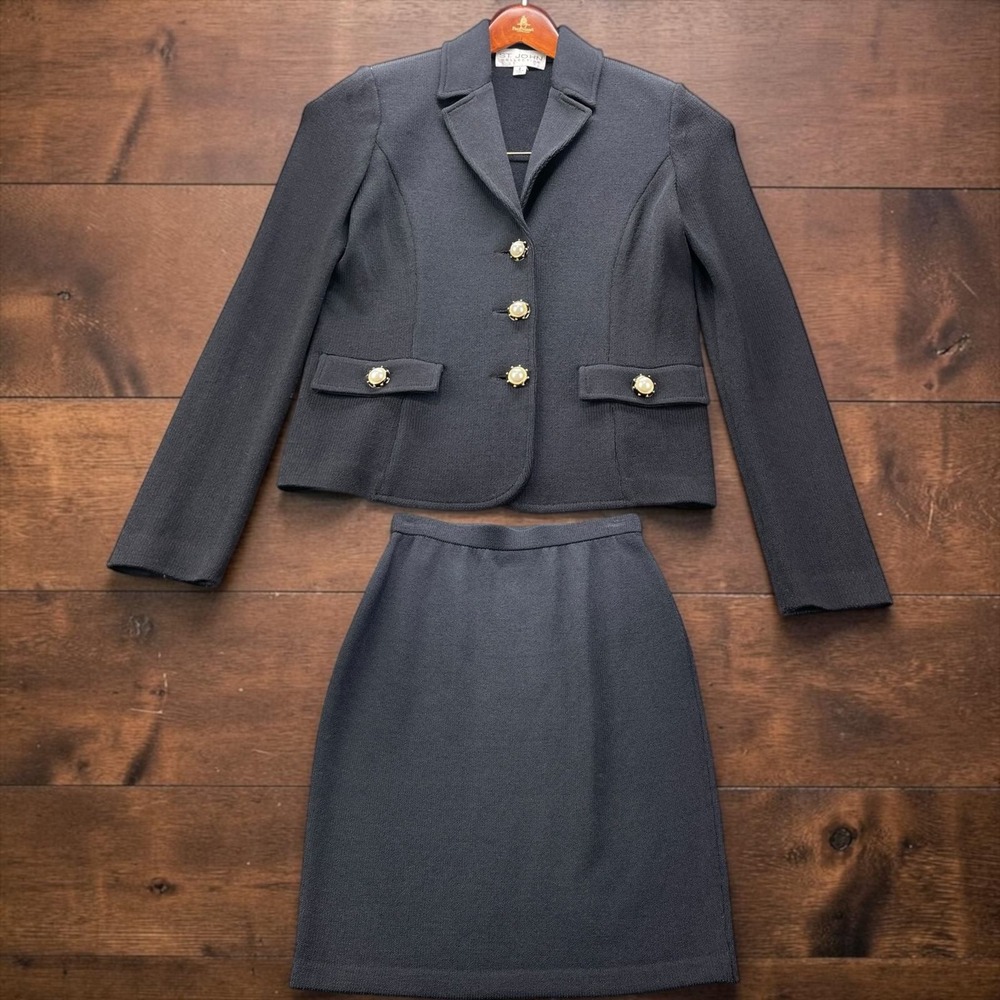 Vintage USA St John Collection Black Skirt Suit Pearl Buttons Jacket 2 Skirt 4
